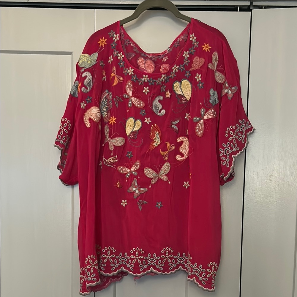 Johnny Was Pink Embellished Ruffled Blouse